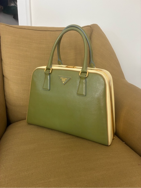 Prada Handbags - Prada Saffiano Vernice pyramid frame handbag